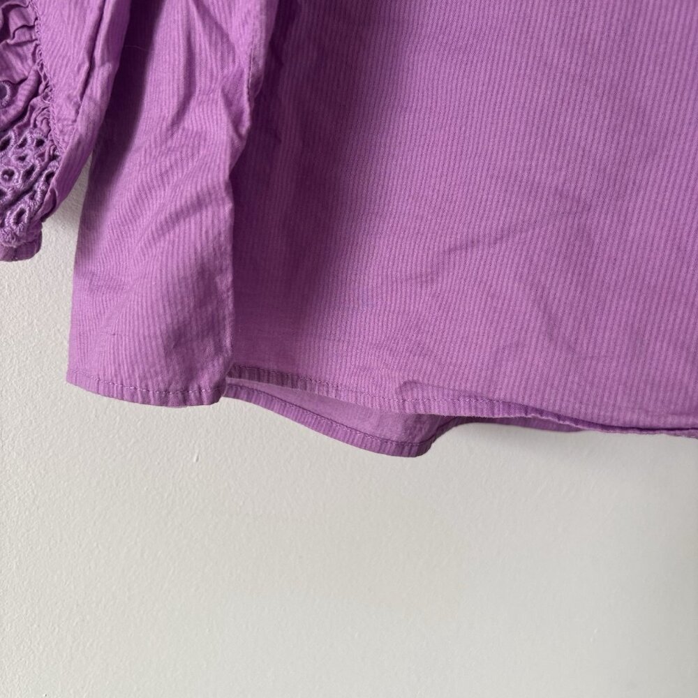 J. CREW Ruffle Sleeve Peasant Blouse Purple Eyelet Top Cottagecore Size L Preppy - Picture 10 of 14